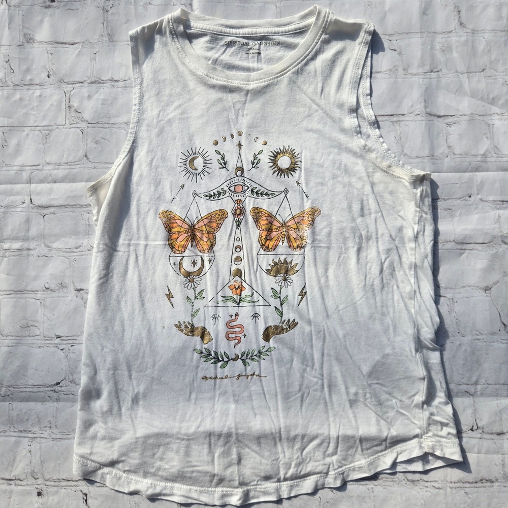 Spiritual Gangster Womens White Celestial Butterfly Graphic Muscle Tank Top S